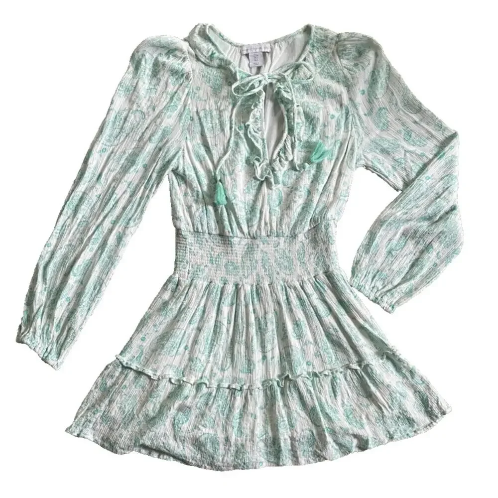 House of Harlow 1960 Paisley Long Sleeve Ruffle Smocked Mini Dress Mint Green S - Picture 2 of 9